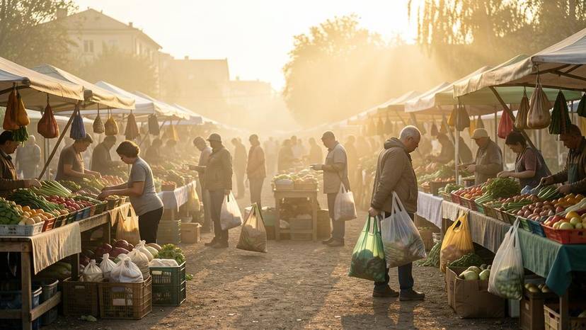 Жвавий український ринок зі свіжими продуктами без паковання та покупцями з багаторазовими сумками