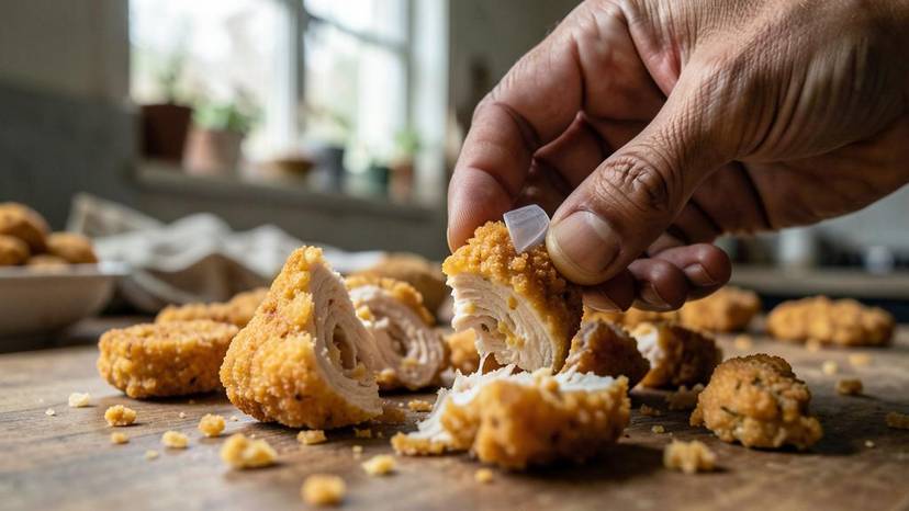 Penyediaan cendawan tiram dirobek untuk nugget 'ayam' plant-based