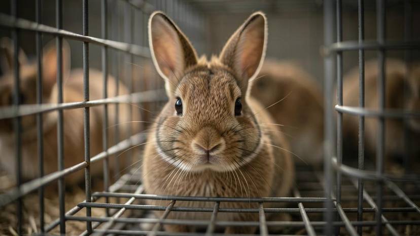 Kaninchen in der Massentierhaltung in einem engen Drahtkäfig – Bild für Tierleid in der Industrie