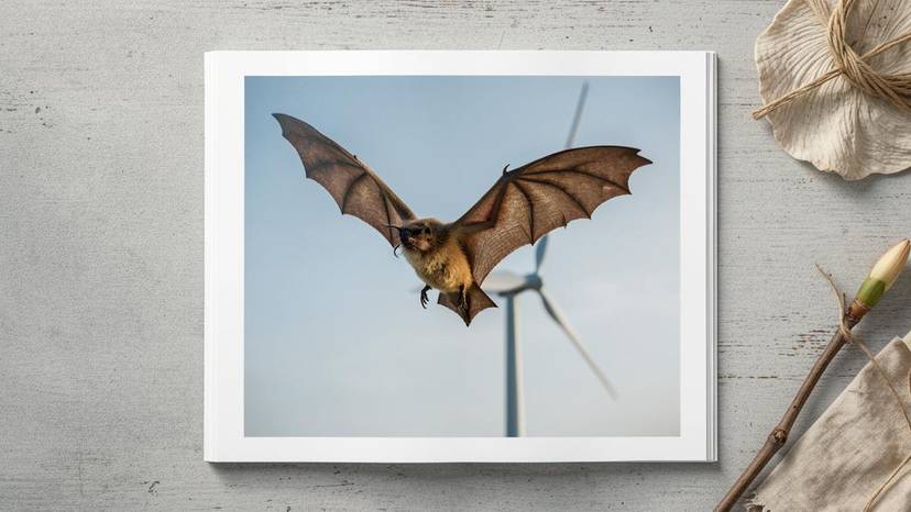 Abendlicher Flug einer Fledermaus vor einem unscharfen Windrad, symbolisiert den Konflikt Fledermausschutz Windenergie.