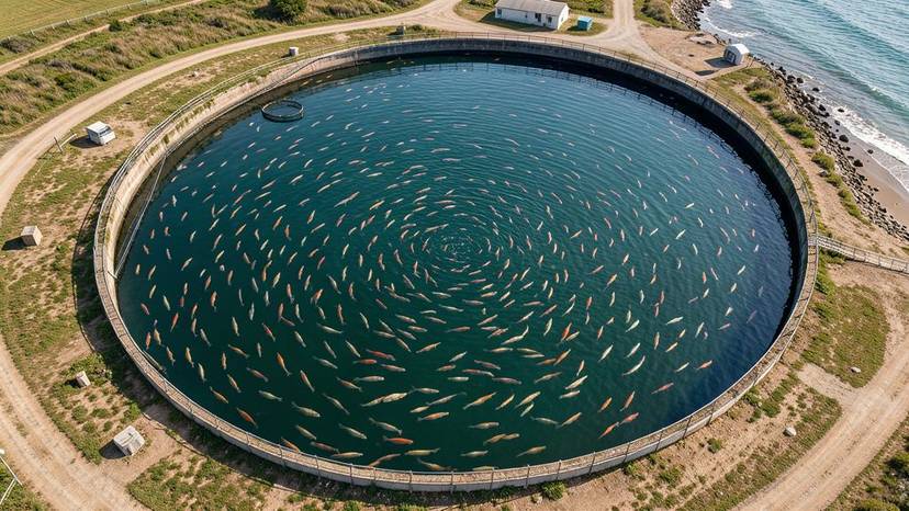 Vista aérea de una piscifactoría extensiva, mostrando peces nadando libremente en un gran estanque natural cerca de la costa, ilustrando la acuicultura sostenible.