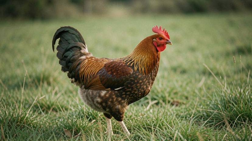 Ayam bebas berkeliaran di padang rumput hijau, melambangkan kebebasan dari penternakan sangkar.