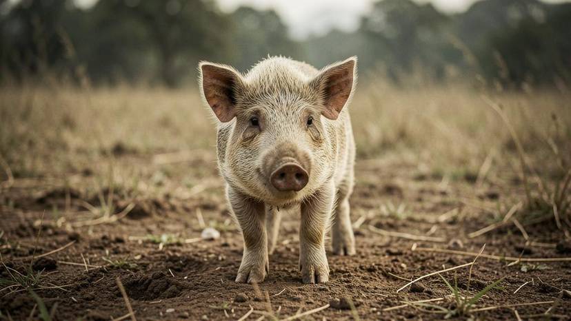 Babi mencari makan di tanah lapang, menunjukkan tingkah laku semula jadi tanpa sangkar.
