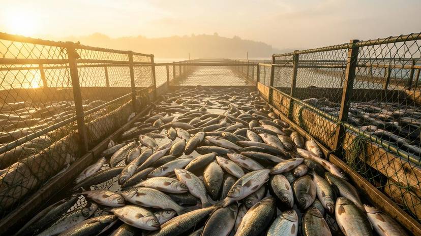 Primer plano de una jaula de acuicultura intensiva abarrotada de peces, evidenciando el hacinamiento y las condiciones artificiales de las piscifactorías industriales.