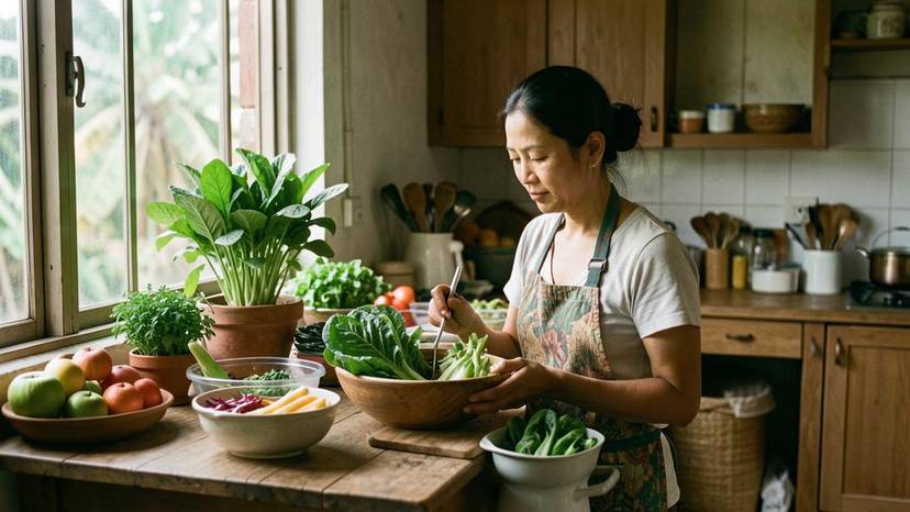 Dapur pekeliling berasaskan tumbuhan yang teratur di Malaysia, menunjukkan bahan segar tempatan dan pilihan sifar sisa untuk kemampanan.