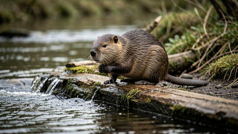 European beaver at work on a dam in a British river, vital for habitat creation and rewilding.