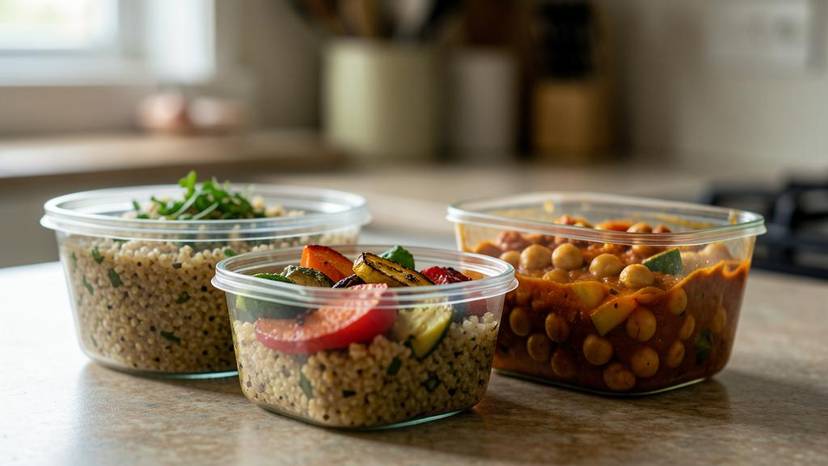 Vegan meal prep containers with quinoa, roasted vegetables, and chickpea curry on a kitchen counter in the UK