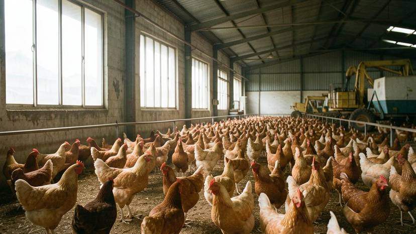 Broiler chicken farm sa Pilipinas, industrial scale, na may mga gusali at makinarya
