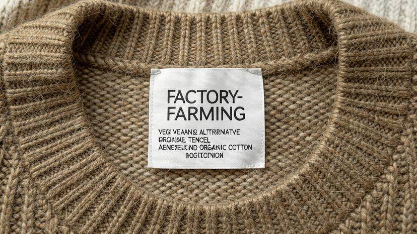 Close-up of a fabric composition label on a vegan wool alternative garment showing Tencel and organic cotton