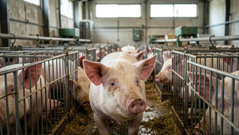 Veal crate confinement calf tethered in industrial barn showing veal farming cruelty