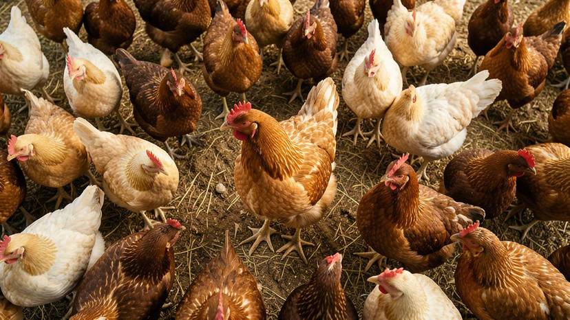 Masthähnchen mit Anzeichen von körperlichem Leid durch Turbowachstum in einer überfüllten Hühnerfarm