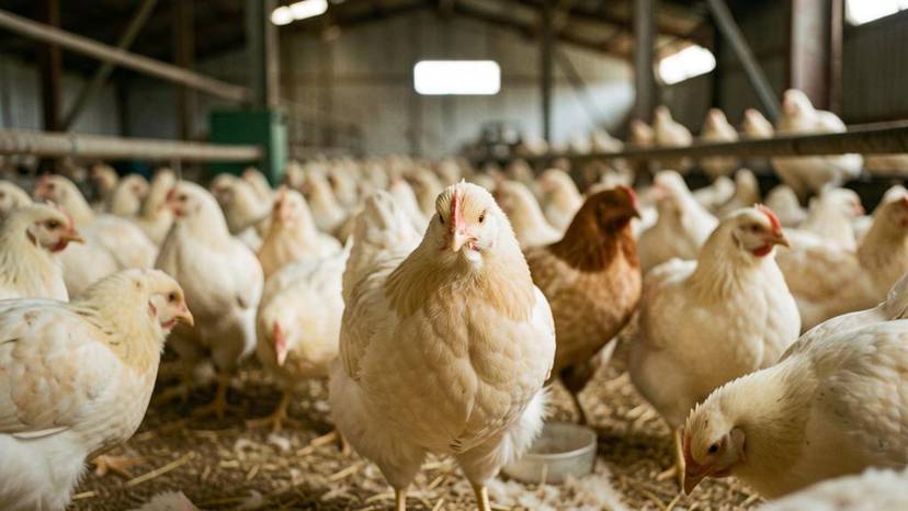 Pui într-o fermă industrială, cu mențiunea 'fără cușcă' dar într-un mediu aglomerat și nenatural, evidențiind exploatarea intensivă a puilor.