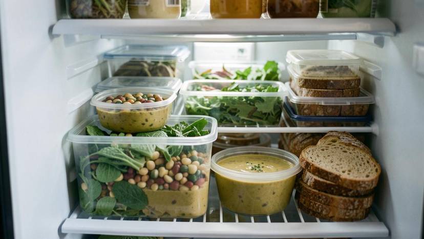 Plant-based Gujarati thali meal-prep containers with dal, sabzi, roti, and rice on a kitchen counter in Ahmedabad