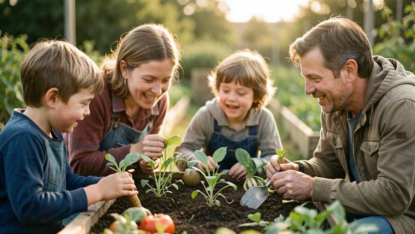 A family talking to kids about where food comes from, gardening together in a plant-based, ethical way.