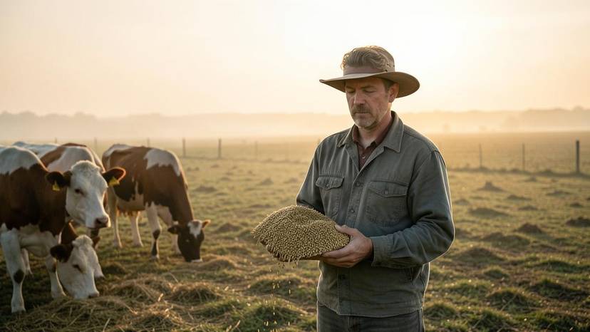 UK farmer holding feed grain near cattle, illustrating meat tax impact on livestock farming