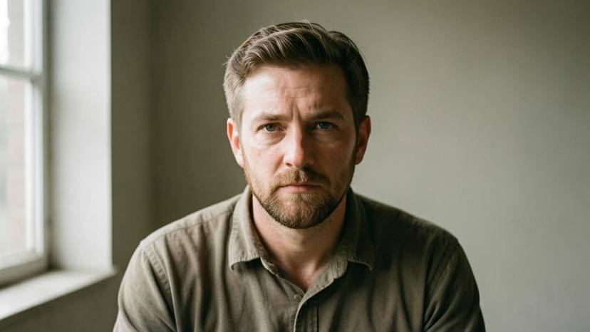 Erschöpfter Schlachthofarbeiter in der Pause – Portrait zur psychischen Belastung und Schlachthof-Mitarbeiter PTSD