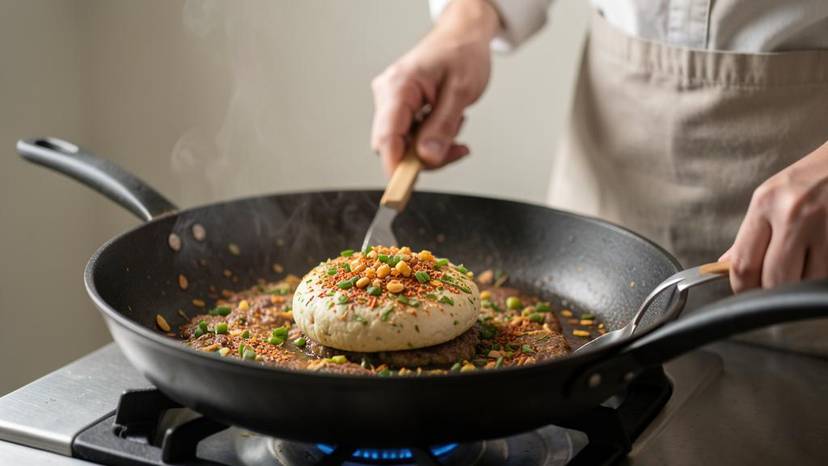 Chef memasak burger nabati alternatif daging terbaik di wajan dengan rempah-rempah