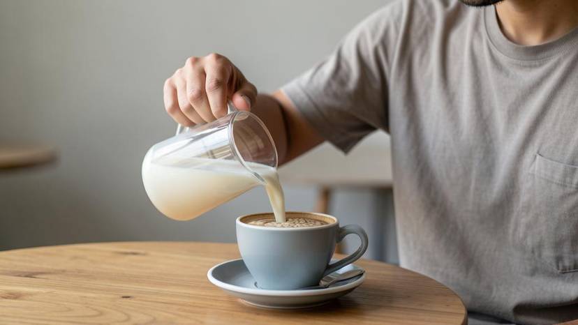 Tangan menuang susu oat Oatly ke dalam kopi di kafe Kuala Lumpur, alternatif tenusu vegan