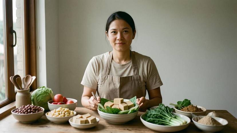 Diet berasaskan tumbuhan dengan tempe tauhu kekacang dan sayur segar di dapur Malaysia