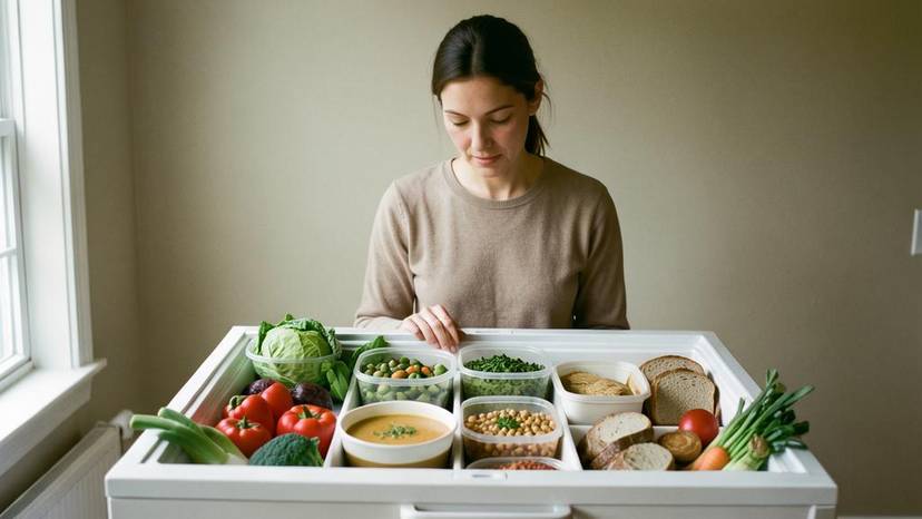 Freezer organizzato per meal prep vegetale con porzioni di legumi, zuppe e pane integrale