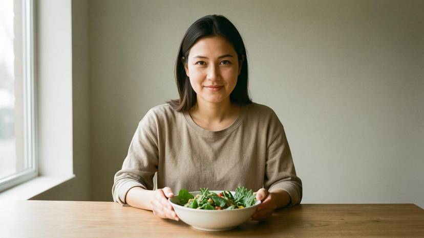 Seorang vegan menggunakan yis nutrisi sebagai sumber vitamin B12 dalam hidangan berasaskan tumbuhan.