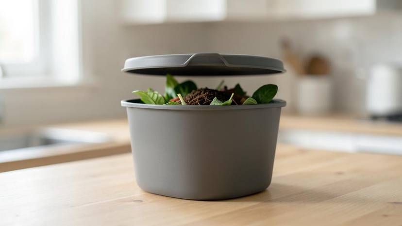 Ein moderner, grauer Bokashi Eimer steht in einer hellen Küche bereit, um pflanzliche Abfälle zu kompostieren und so zur Zero-Waste-Bewegung beizutragen.