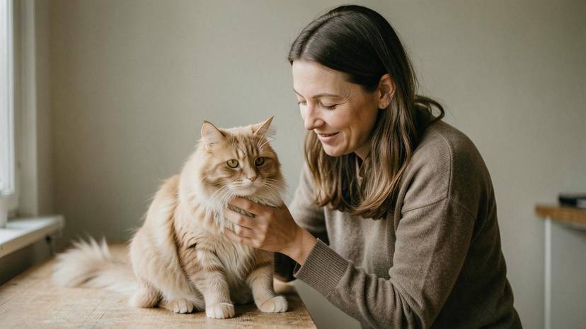 Frau streichelt Katze in einer Tierschutzorganisation, Symbol für Tierwohl und Engagement in Deutschland.