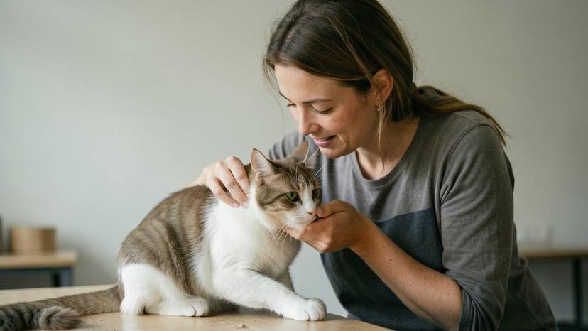 Frau streichelt Katze in einer Tierschutzorganisation, Symbol für Tierwohl und Engagement in Deutschland.