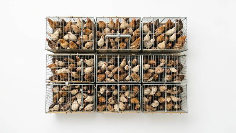 Rows of quail battery cages in UK factory farm with crowded birds and automated systems