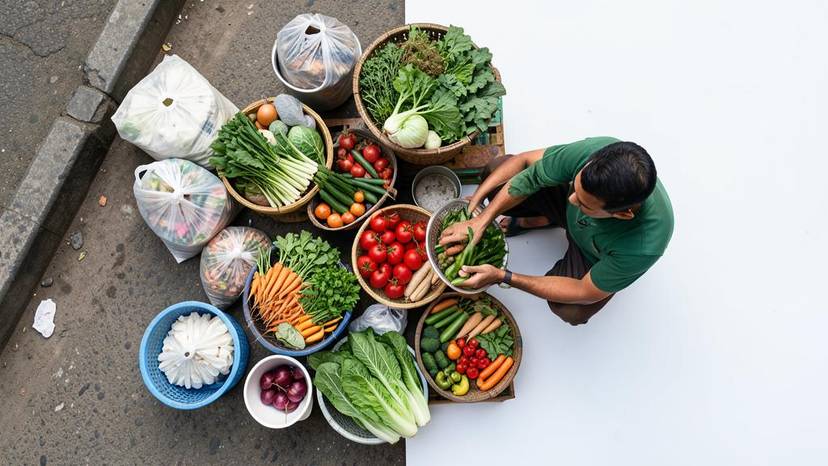 Chennai street vendor donating unsold vegetables to food rescue volunteer reducing waste